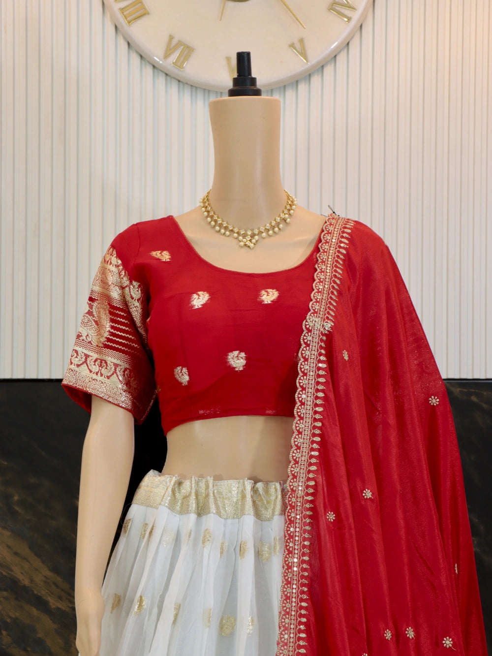 Pure Viscose Georgette Lehenga Choli with Zari Weaving Border and Embroidered Dupatta in White, Lavender, Pink, and Green – By Swaya World