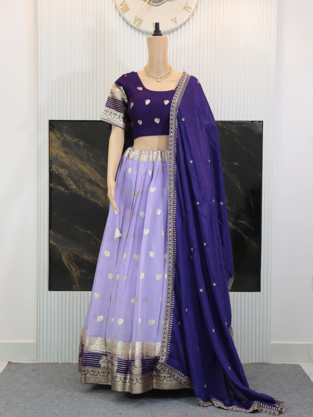 Pure Viscose Georgette Lehenga Choli with Zari Weaving Border and Embroidered Dupatta in White, Lavender, Pink, and Green – By Swaya World