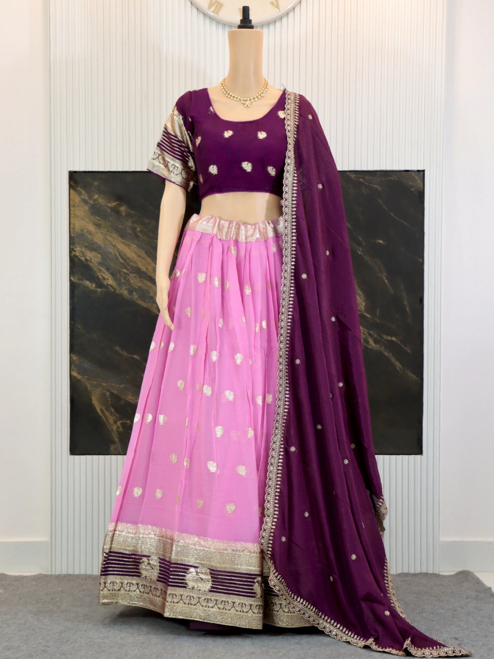 Pure Viscose Georgette Lehenga Choli with Zari Weaving Border and Embroidered Dupatta in White, Lavender, Pink, and Green – By Swaya World