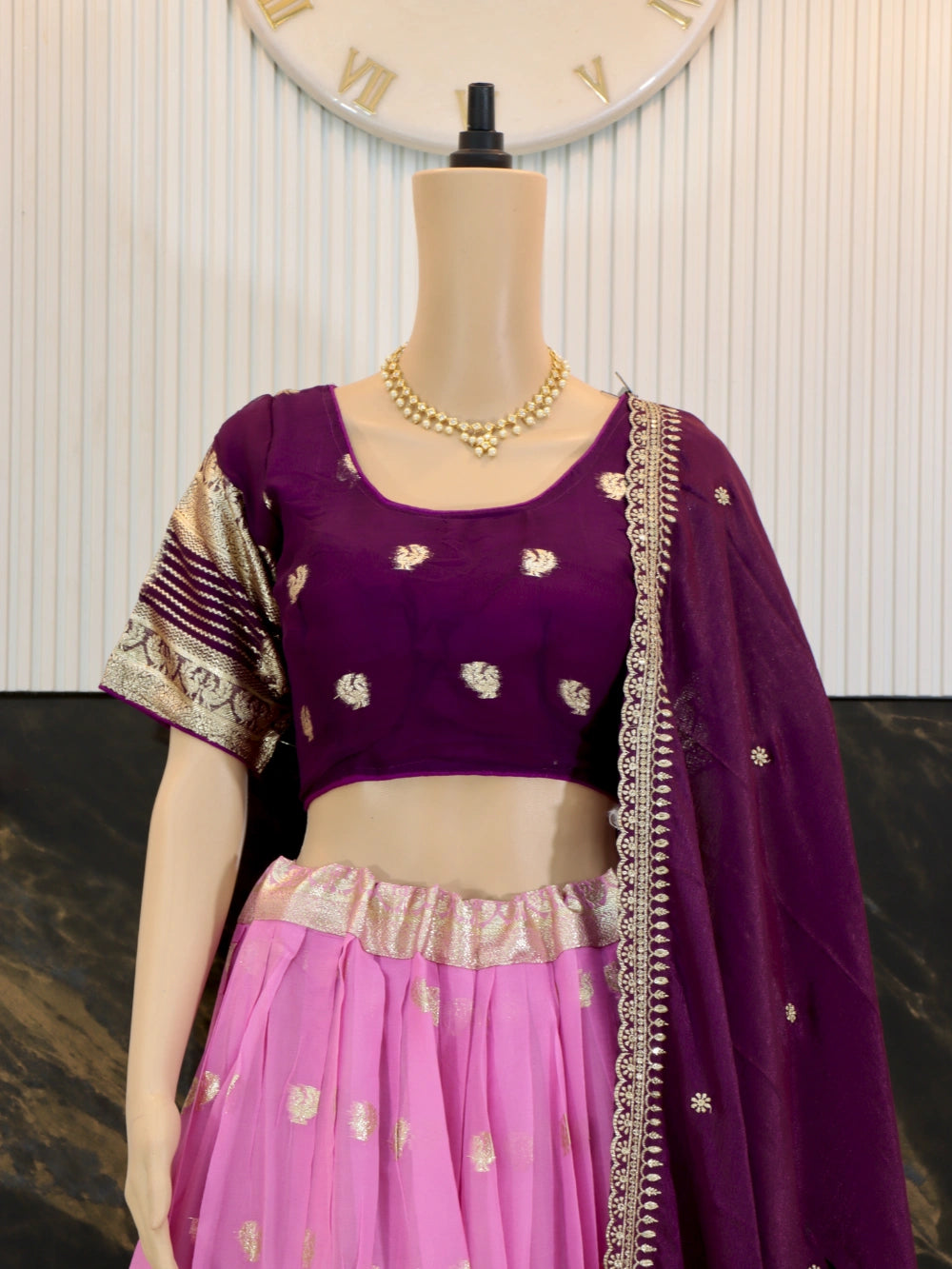 Pure Viscose Georgette Lehenga Choli with Zari Weaving Border and Embroidered Dupatta in White, Lavender, Pink, and Green – By Swaya World