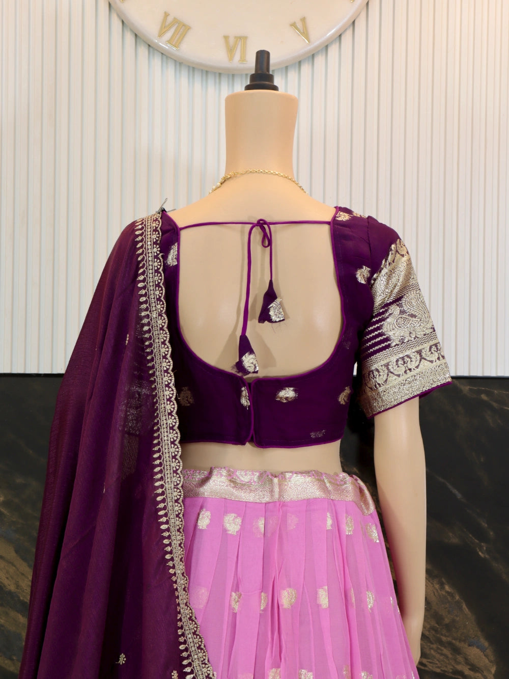 Pure Viscose Georgette Lehenga Choli with Zari Weaving Border and Embroidered Dupatta in White, Lavender, Pink, and Green – By Swaya World