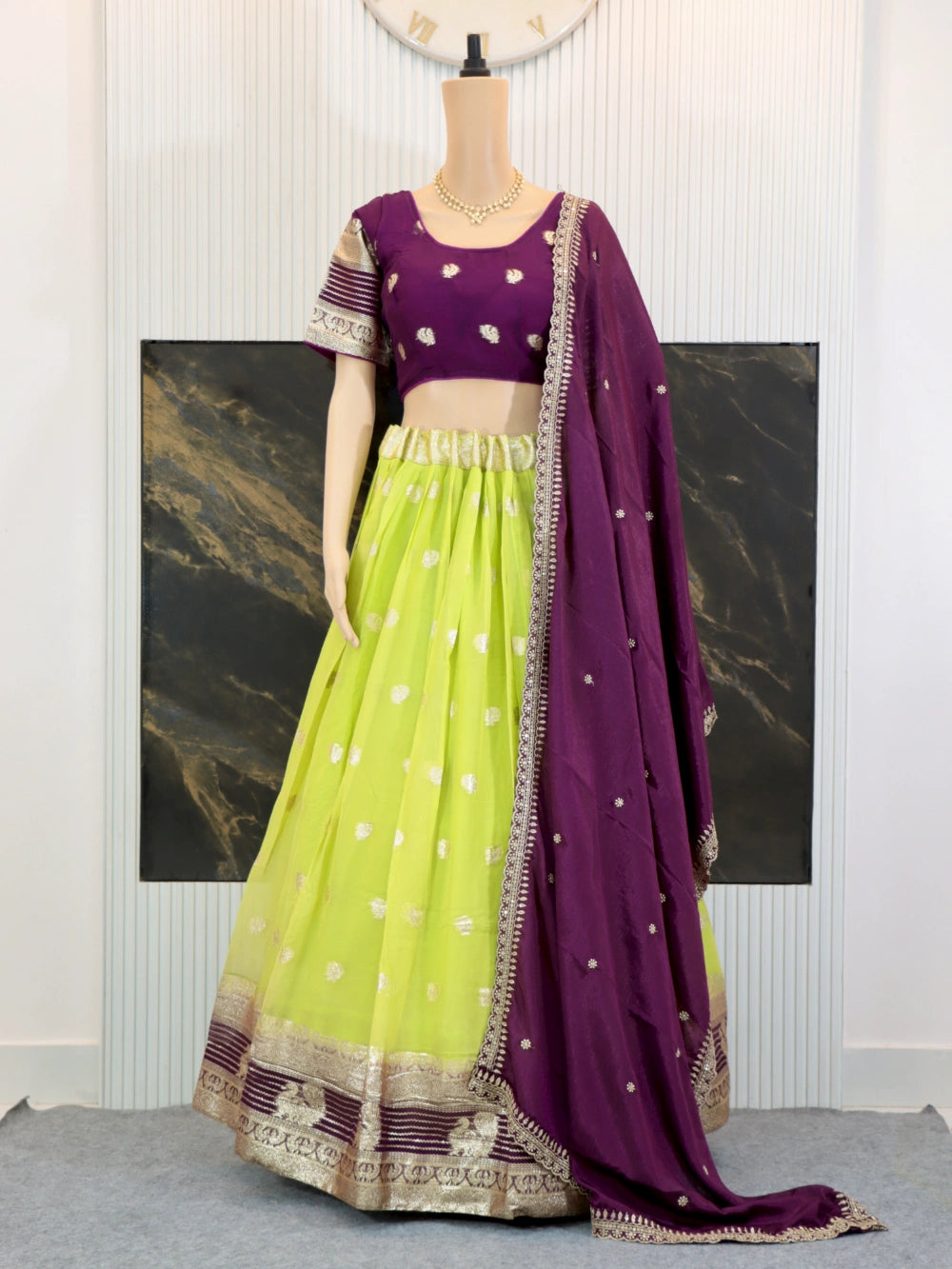 Pure Viscose Georgette Lehenga Choli with Zari Weaving Border and Embroidered Dupatta in White, Lavender, Pink, and Green – By Swaya World