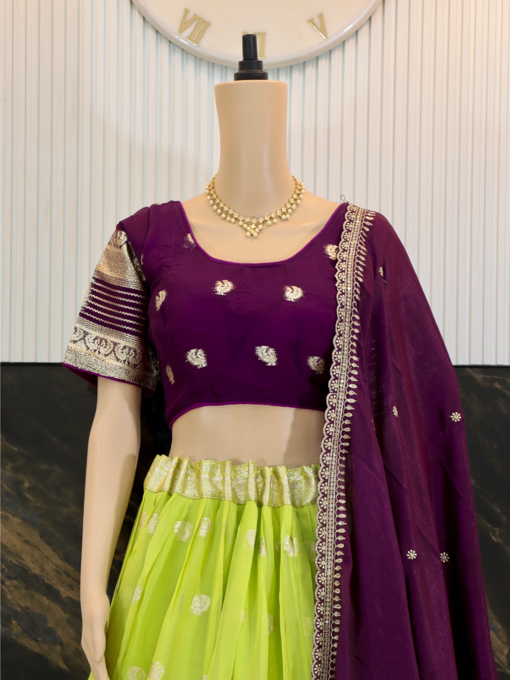 Pure Viscose Georgette Lehenga Choli with Zari Weaving Border and Embroidered Dupatta in White, Lavender, Pink, and Green – By Swaya World