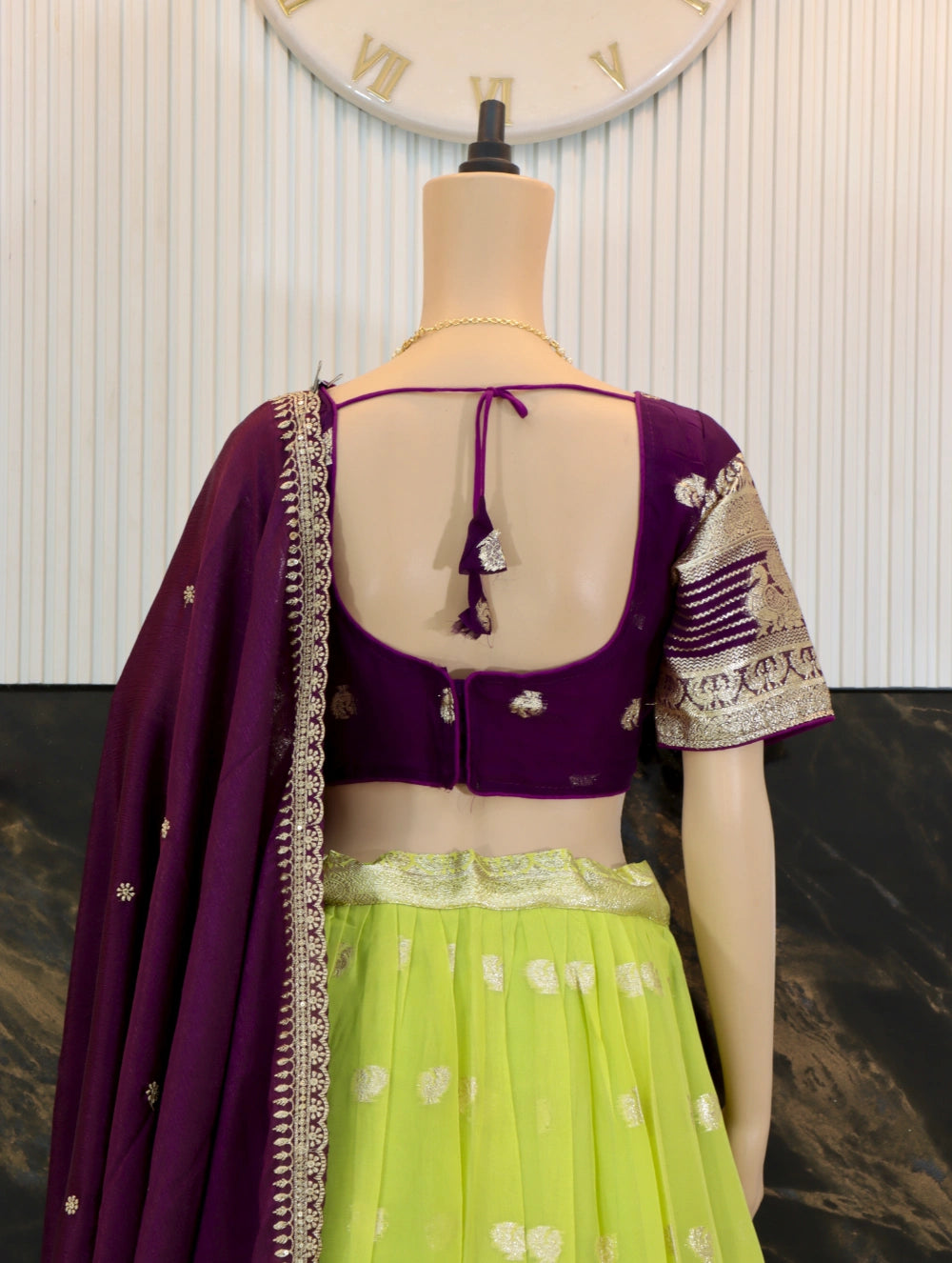 Pure Viscose Georgette Lehenga Choli with Zari Weaving Border and Embroidered Dupatta in White, Lavender, Pink, and Green – By Swaya World