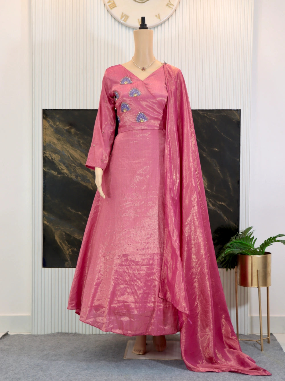 Designer Hand Work Coat Style Tissue Silk Gown with Dupatta – By Swaya World