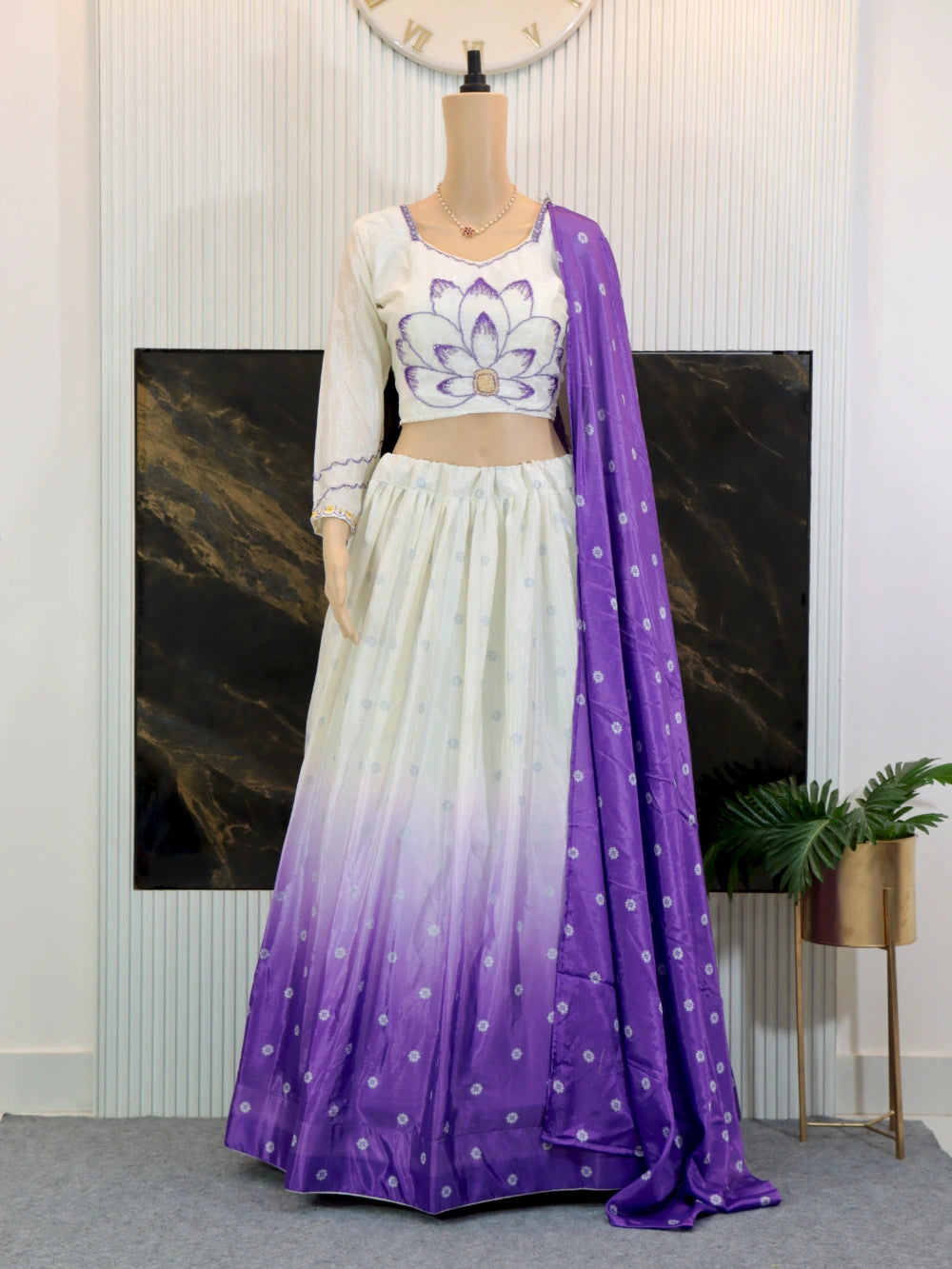 Trending Purple and Milk White Lehenga Choli with Digital Print and Real Hand Work – By Swaya World