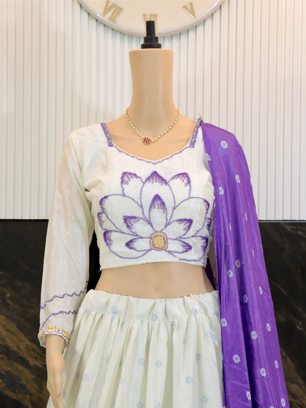 Trending Purple and Milk White Lehenga Choli with Digital Print and Real Hand Work – By Swaya World