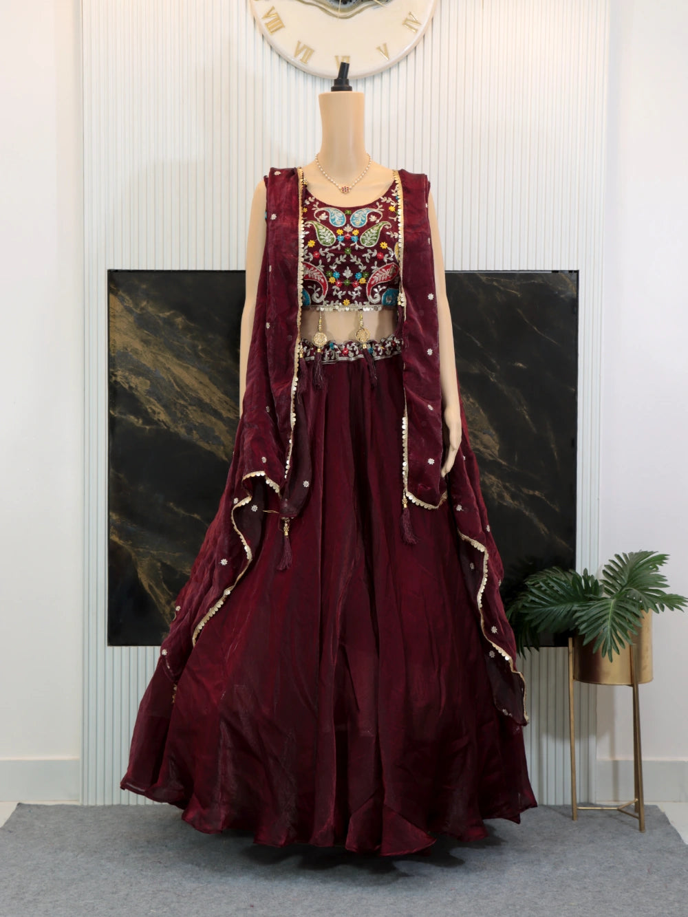 Trending Maroon Fendy Lehenga Choli with Shrug Style Dupatta – By Swaya World