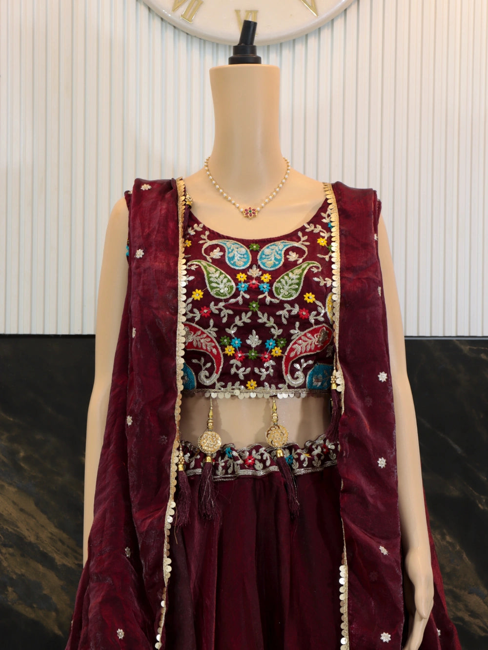 Trending Maroon Fendy Lehenga Choli with Shrug Style Dupatta – By Swaya World