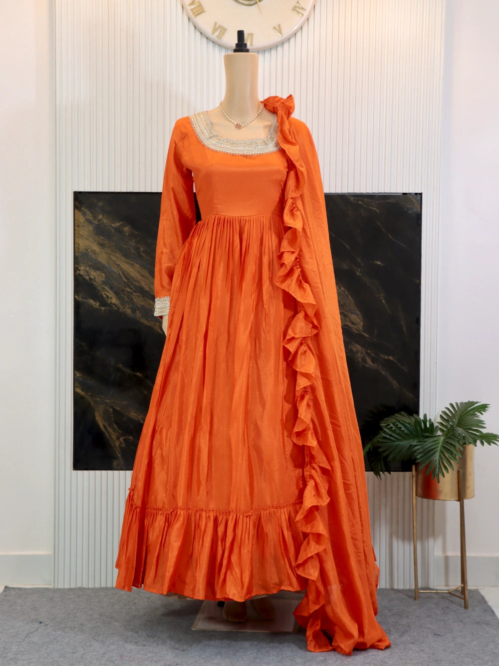 Trending Soft Orange Gown with Frill and Embroidery Work – By Swaya World