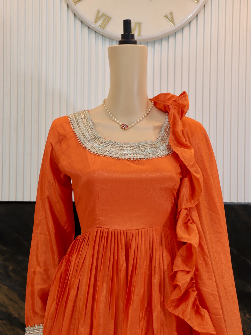 Trending Soft Orange Gown with Frill and Embroidery Work – By Swaya World