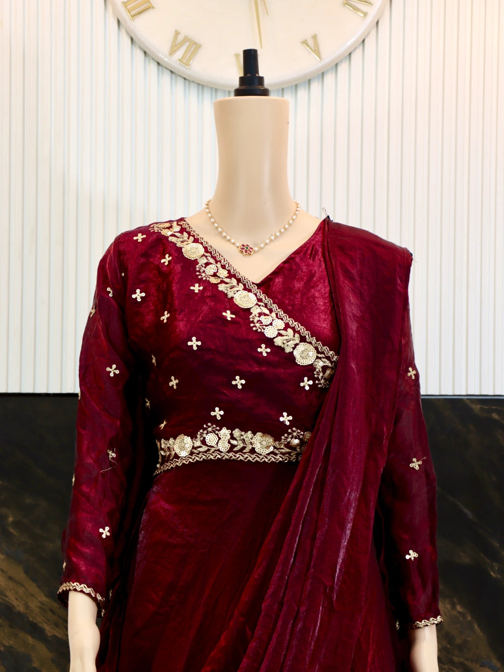 Maroon Soft Fandy Silk Designer Anarkali Saree with Sequins and Jari Embroidery – By Swaya World