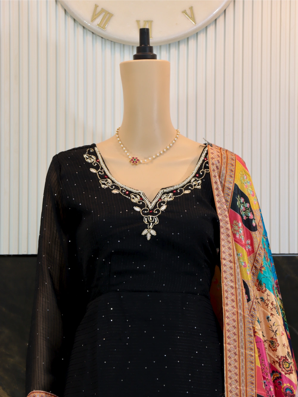 Elegant Black Viscose Georgette Gown with Crochet Embroidery & Chinon Silk Dupatta – By Swaya World