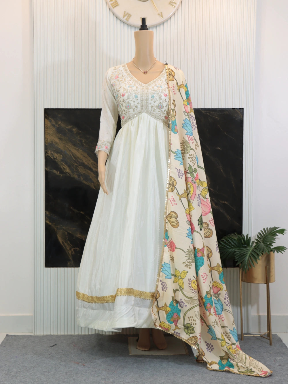 Elegant Cream Color Kalamkari Gown with Embroidery and Dupatta – By Swaya World