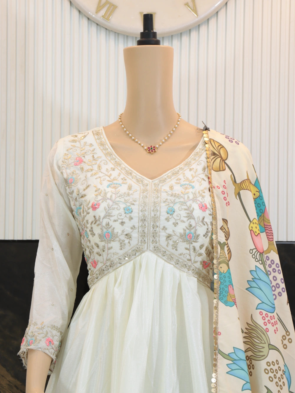 Elegant Cream Color Kalamkari Gown with Embroidery and Dupatta – By Swaya World