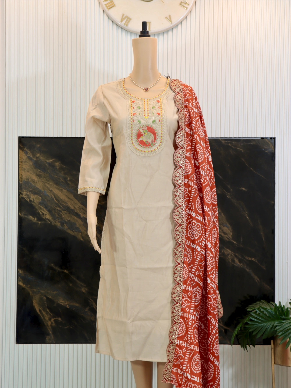 Beige BSY Viscose Kurti Set with Sequence Embroidery and Silk Blend Dupatta – By Swaya World