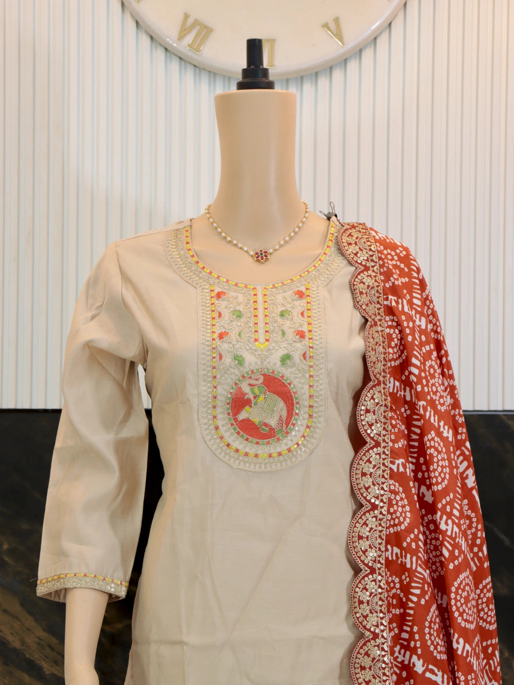Beige BSY Viscose Kurti Set with Sequence Embroidery and Silk Blend Dupatta – By Swaya World