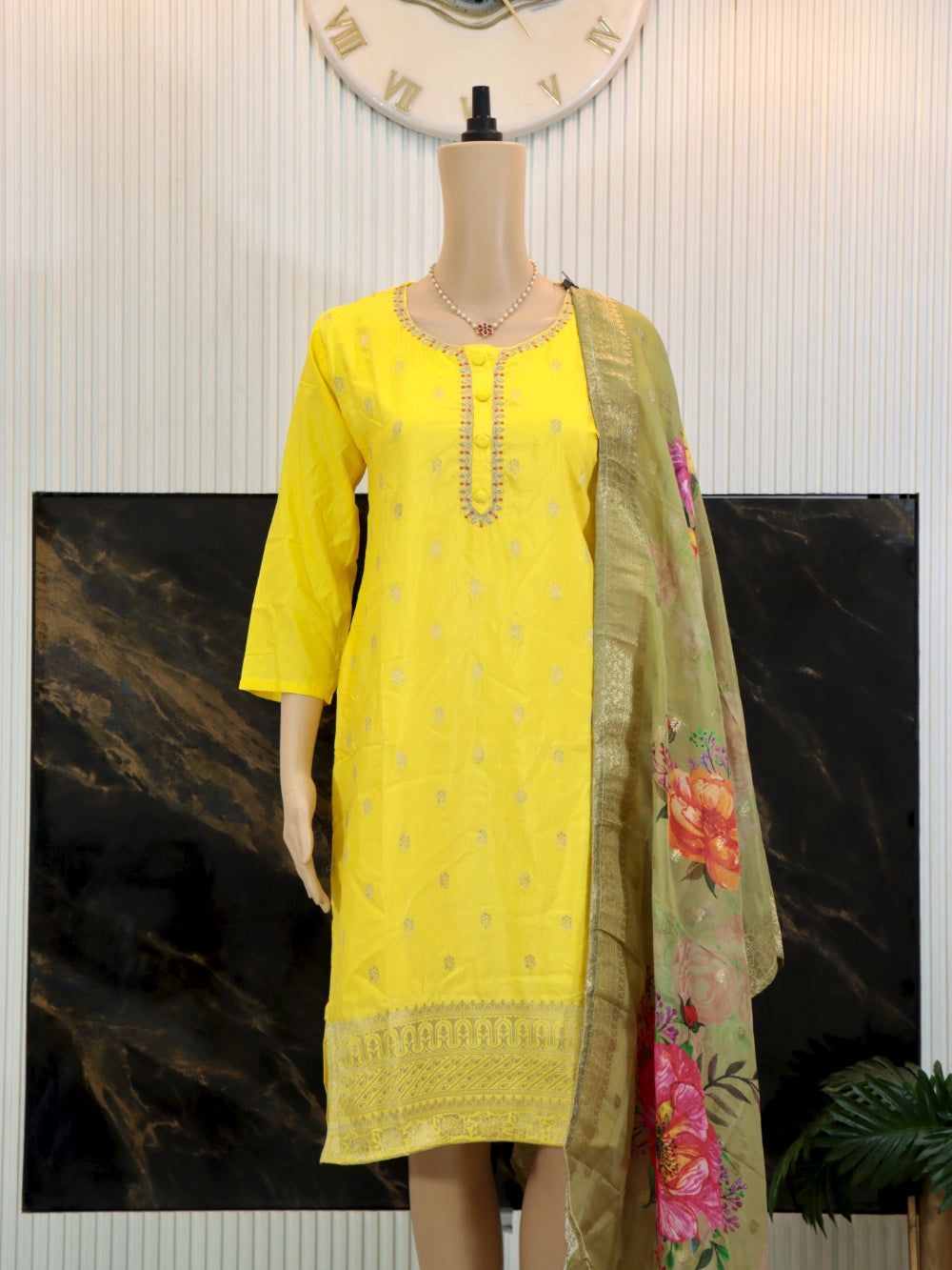 Heavy Viscose Yellow Jacquard Kurti Set with Sequence Embroidery & Dupatta – By Swaya World