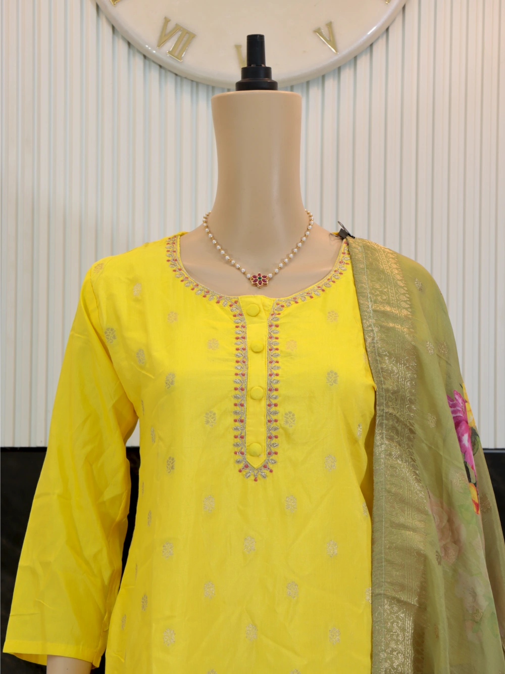 Heavy Viscose Yellow Jacquard Kurti Set with Sequence Embroidery & Dupatta – By Swaya World