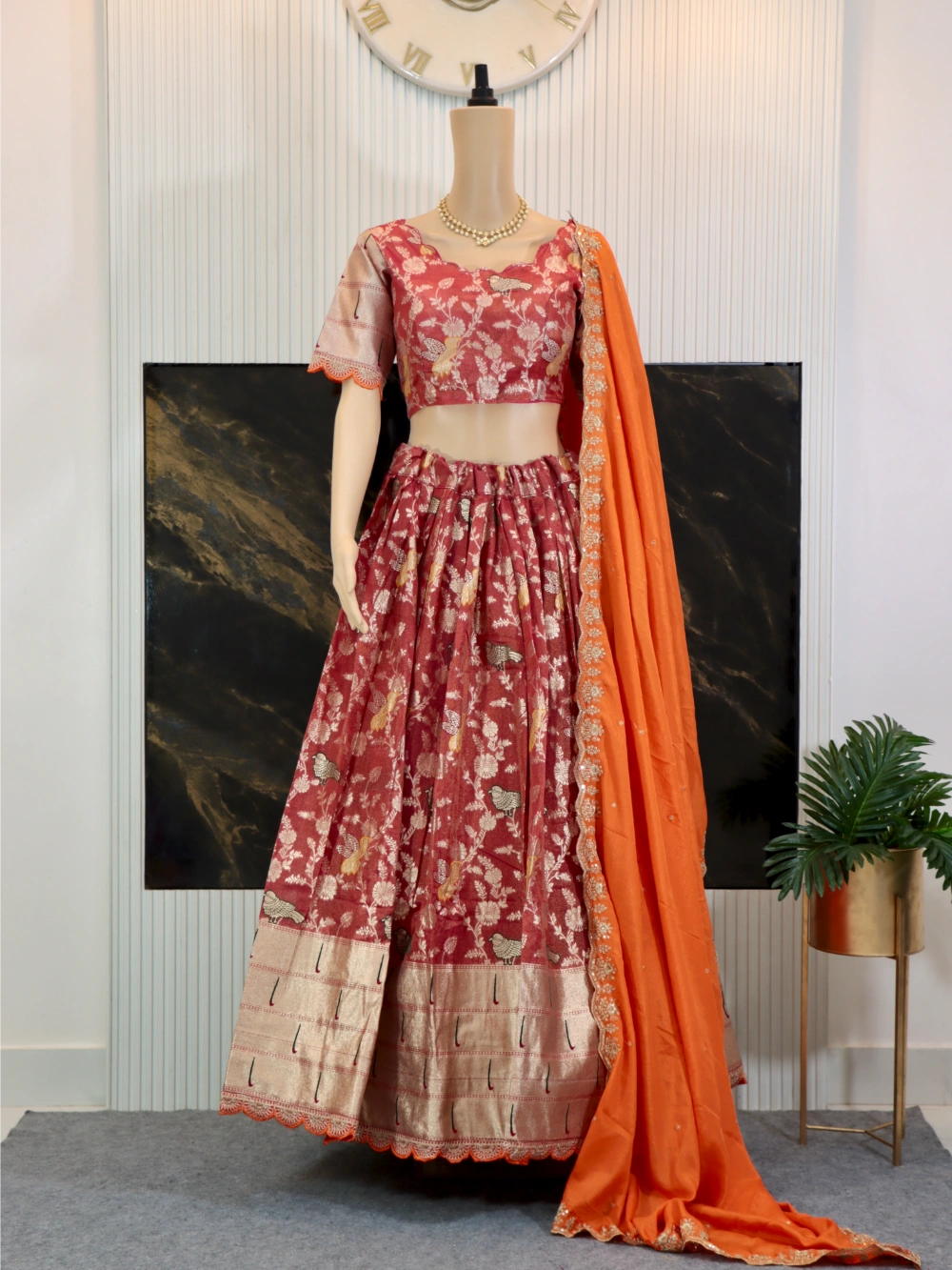 Evergreen Muniya Border Paithani Lehenga Choli in Red, Lavender, and Orange – By Swaya World