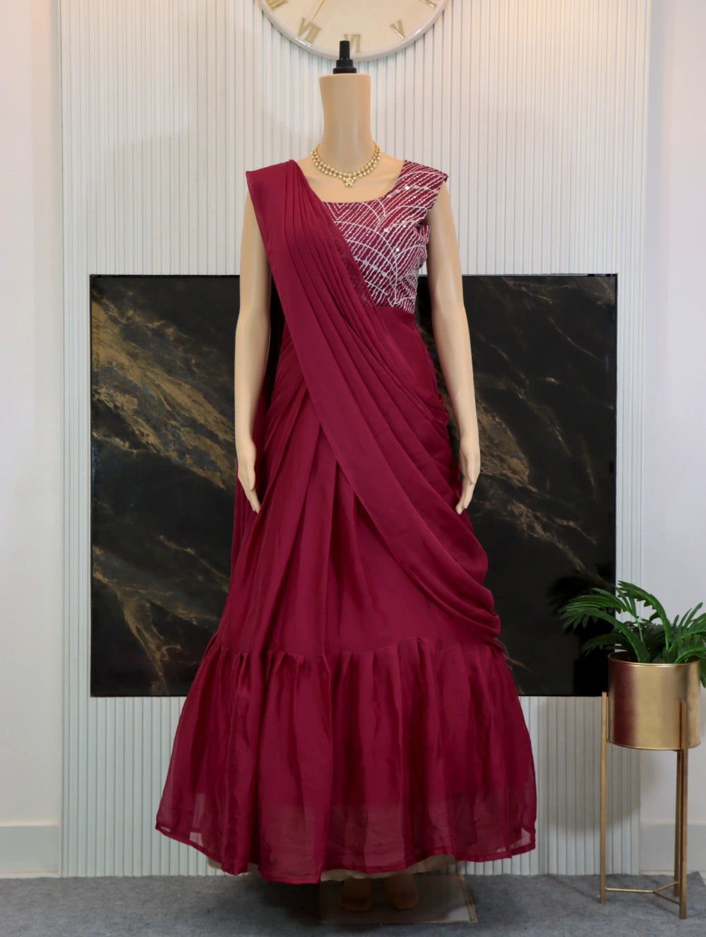 Luxury Party Wear Designer Red Gown Saree with Embroidery Sequence Work – By Swaya World