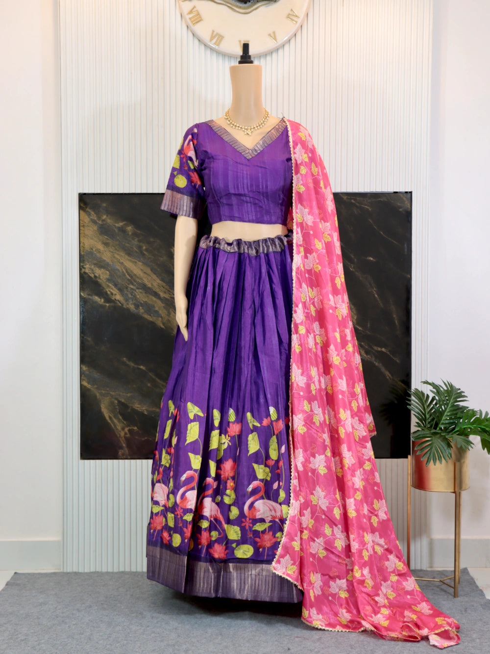 Trending Soft Cotton Silk Lehenga Choli in Purple and Yellow Colors– By Swaya World
