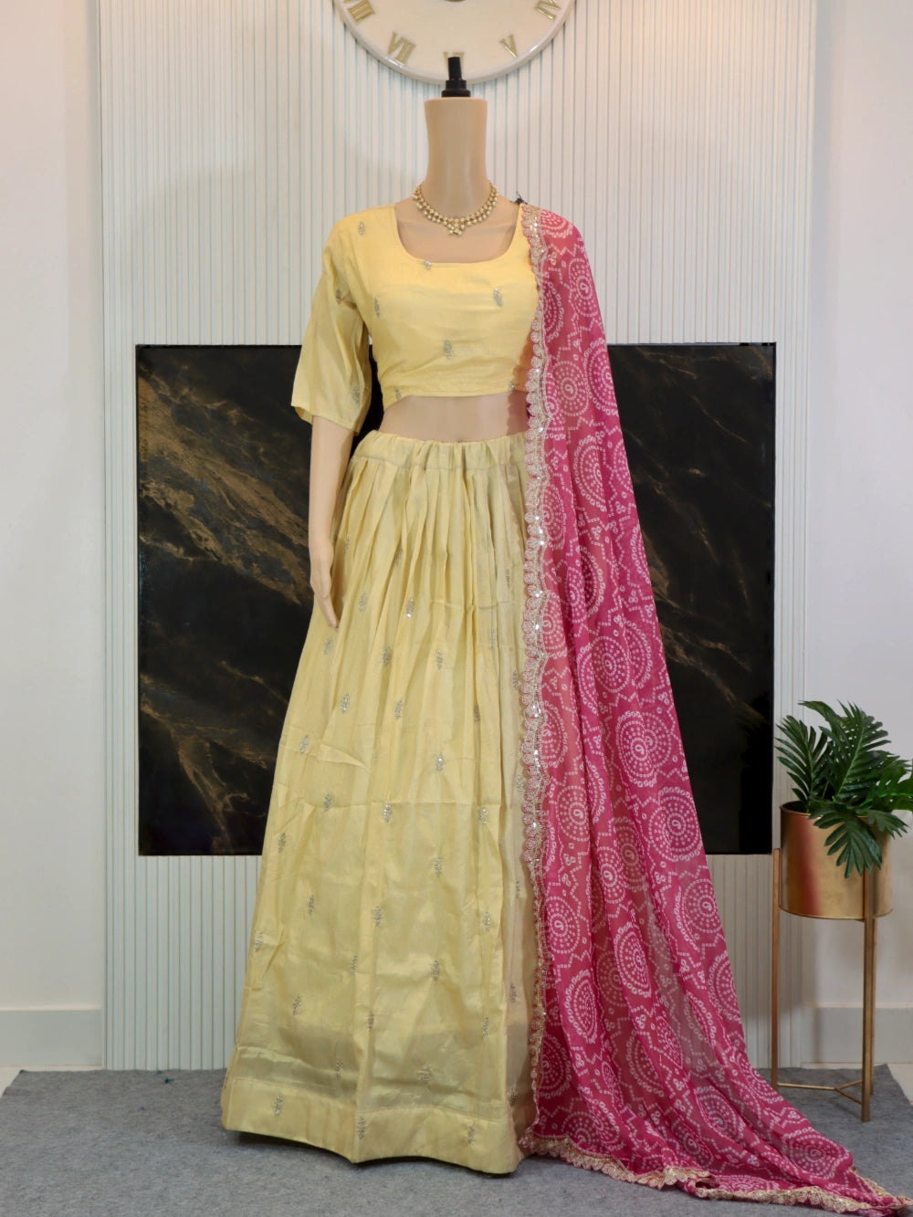 Tissue Silk Half Saree Lehenga with Embroidery & Bandhej Print Dupatta – By Swaya World