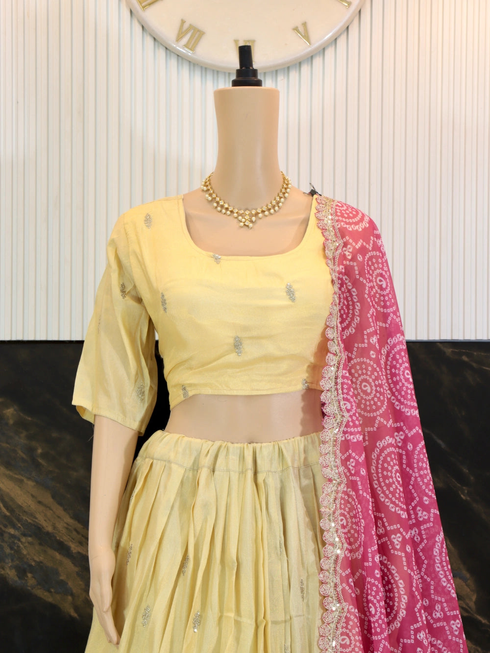 Tissue Silk Half Saree Lehenga with Embroidery & Bandhej Print Dupatta – By Swaya World