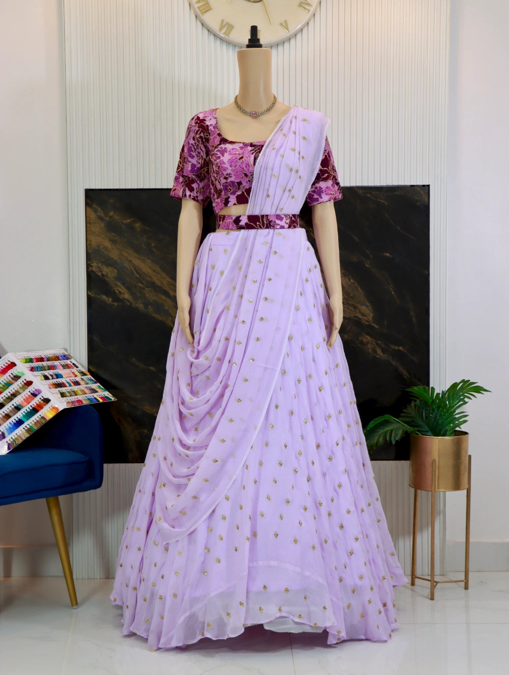 Lavender & Magenta Designer Lehenga Set – Pure Crape Embroidered Top with Georgette Skirt & Dupatta