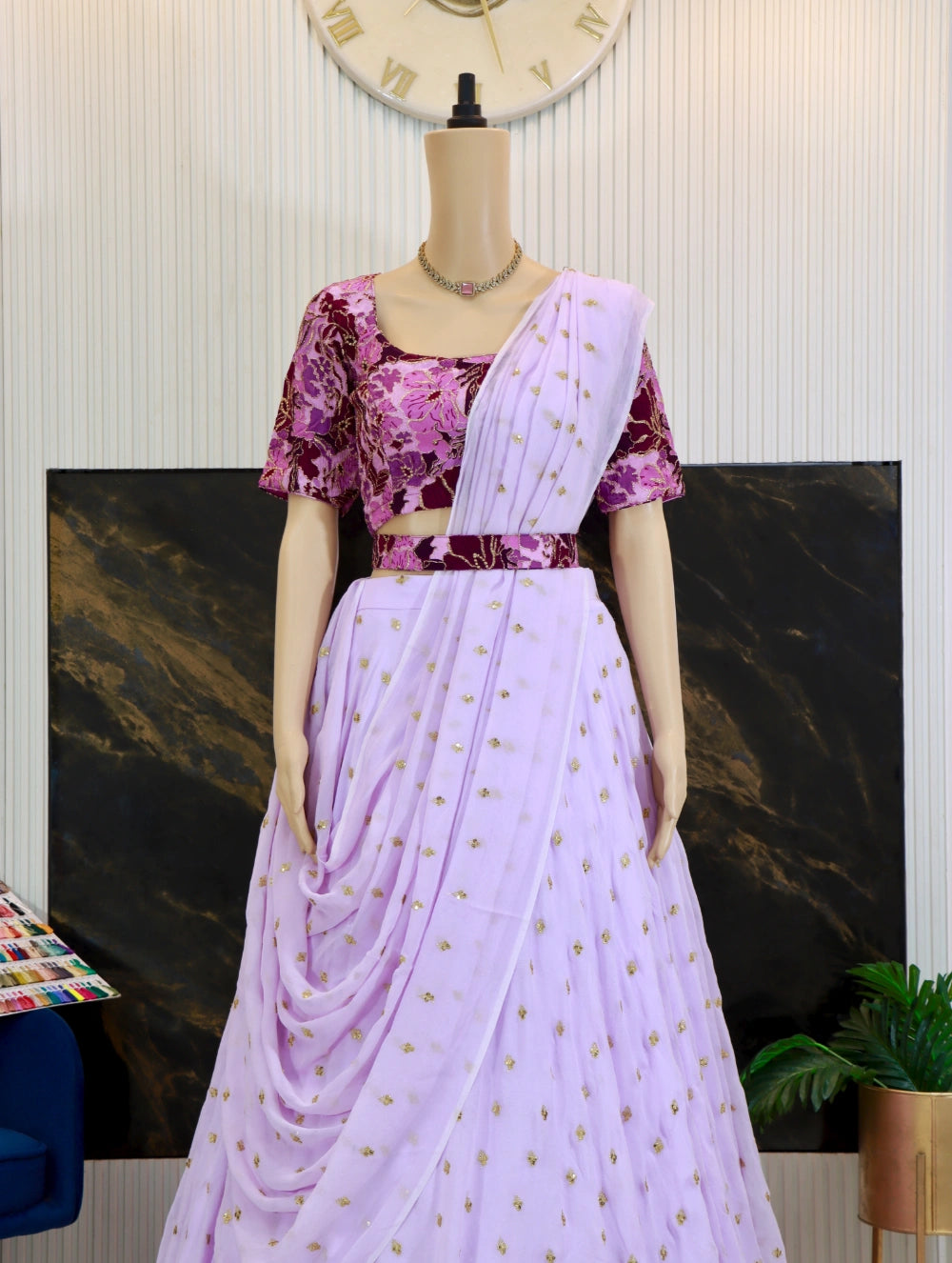Lavender & Magenta Designer Lehenga Set – Pure Crape Embroidered Top with Georgette Skirt & Dupatta