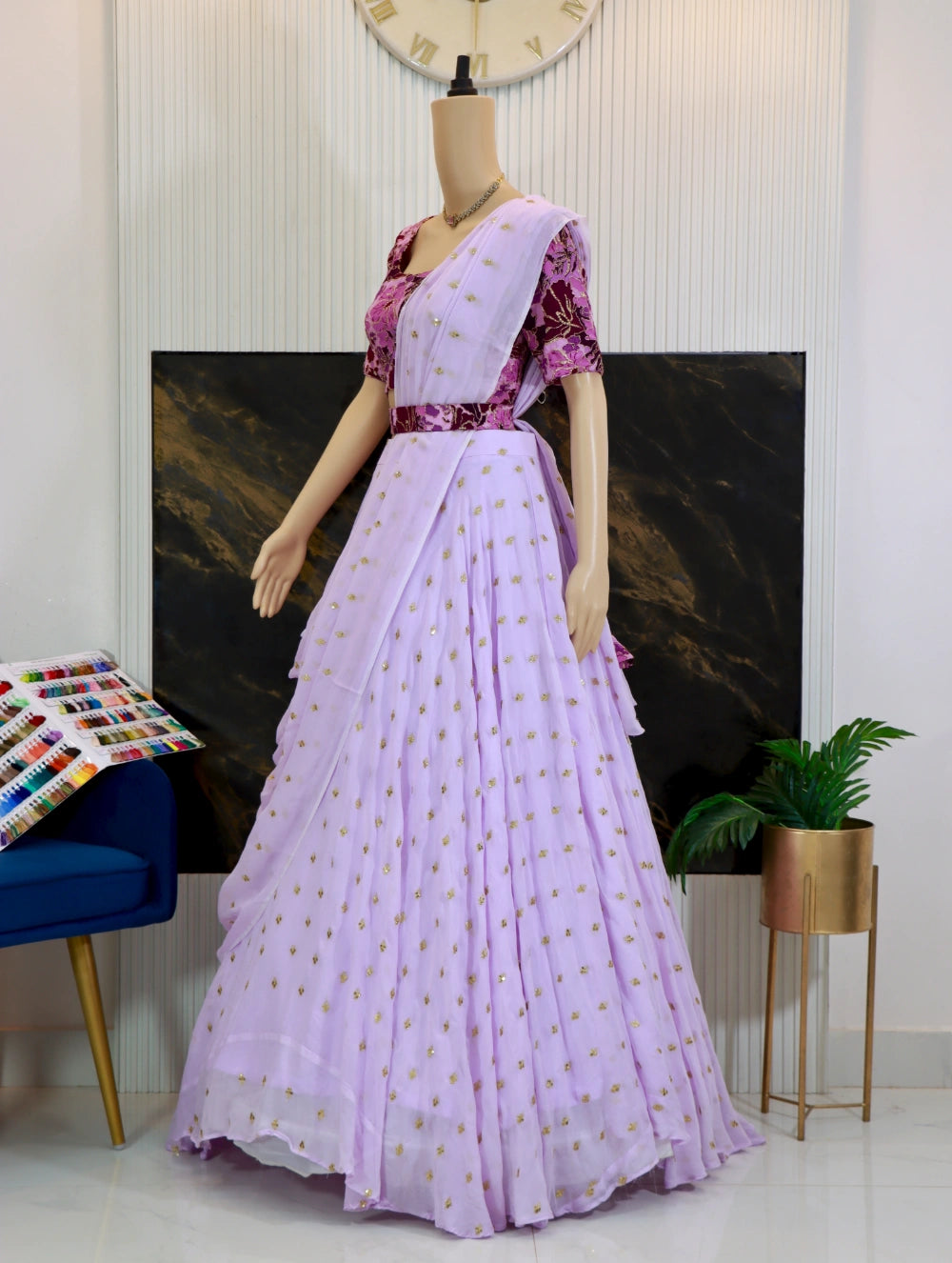 Lavender & Magenta Designer Lehenga Set – Pure Crape Embroidered Top with Georgette Skirt & Dupatta