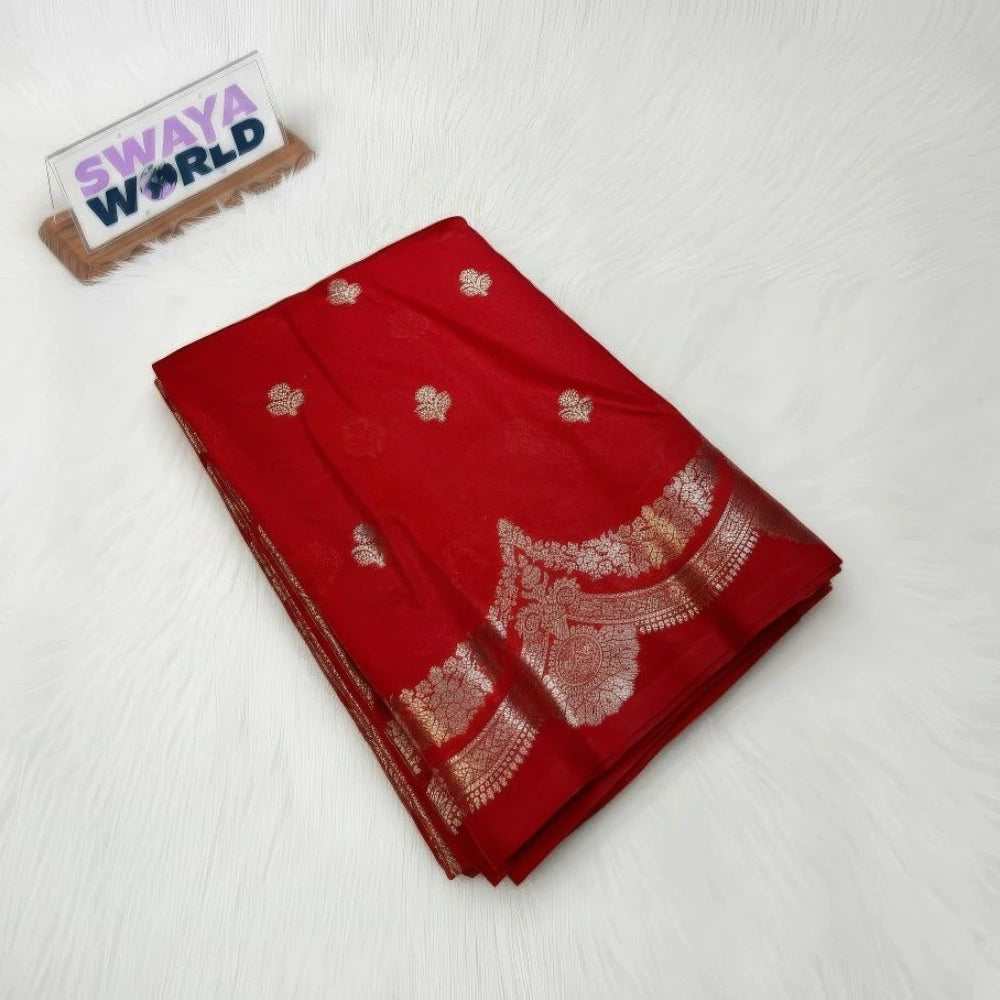 Red fabric with gold patterns on a white background, featuring the brand 'Swaya World'.
