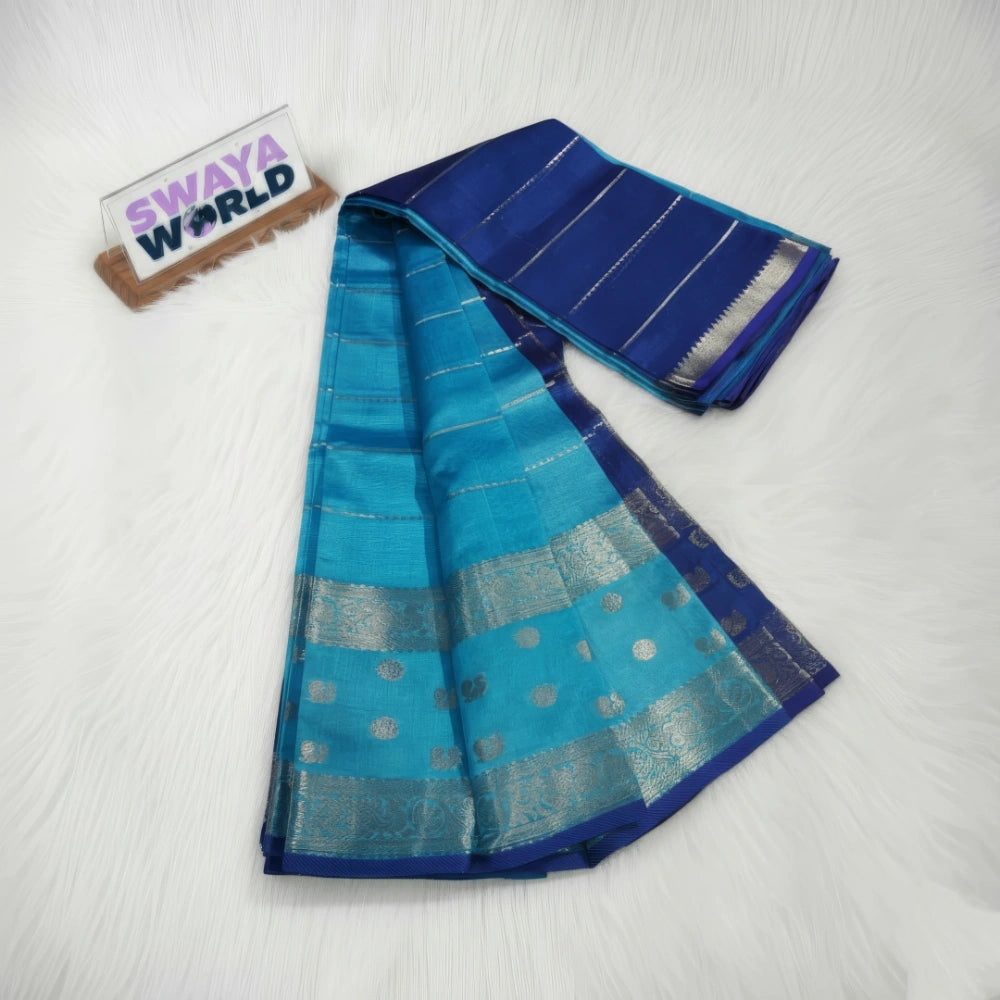 Blue and turquoise saree with silver stripes on a white background, featuring 'Swaya World' branding.