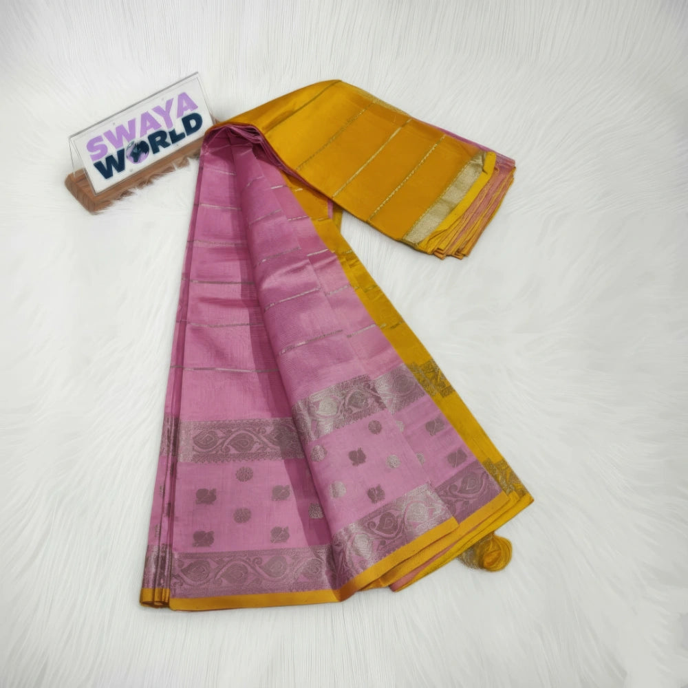 Pink and yellow saree with a Swaya World tag on a white background