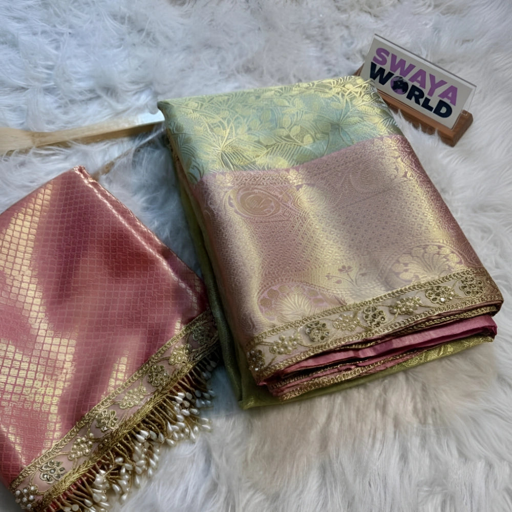 Decorative pink and gold fabric with a hairbrush on a fluffy white surface, branded 'Swaya World'.