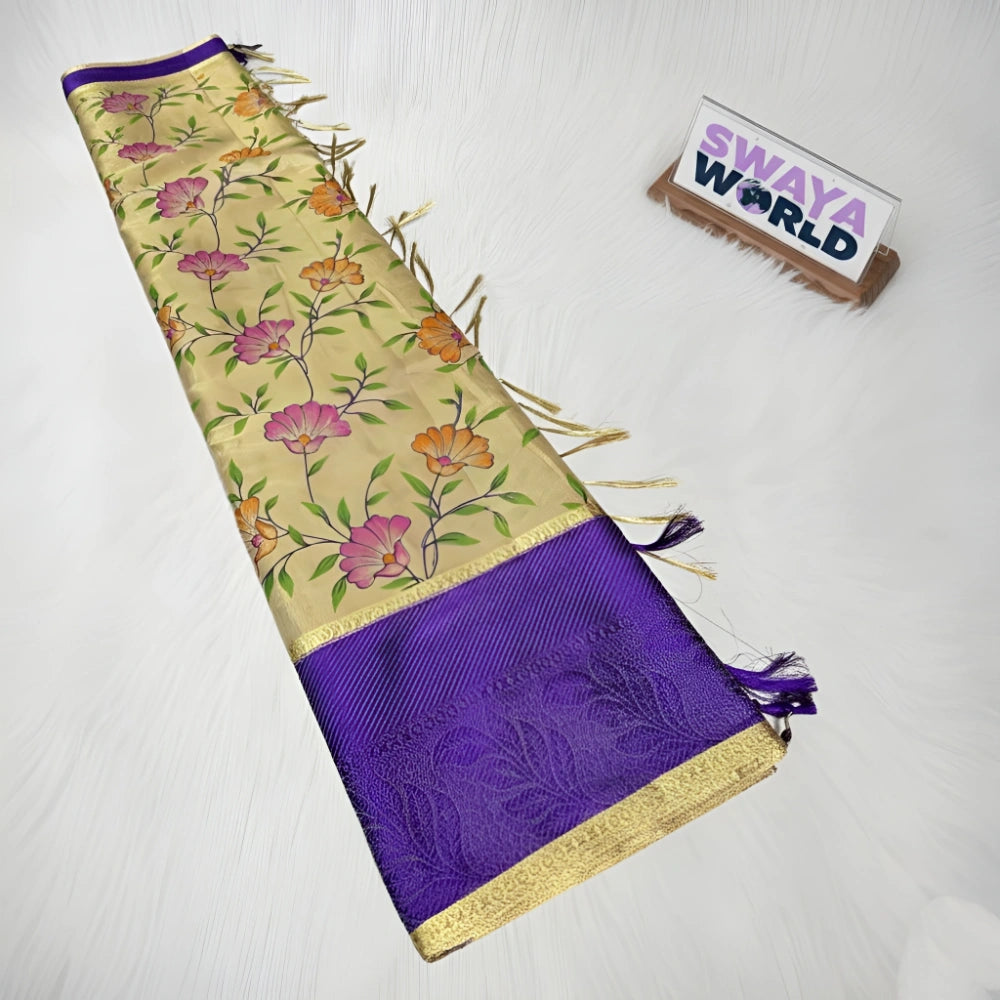 Saree with floral pattern and purple border on a white background, branded 'Swaya World'.