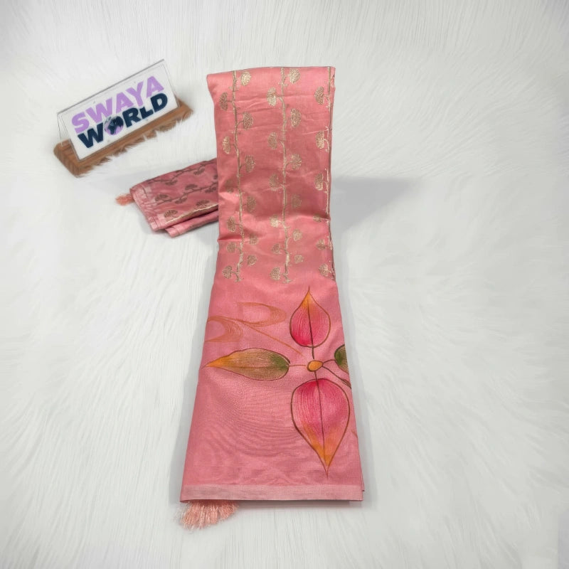 Pink fabric with floral patterns on a white background, featuring 'Swaya World' branding.