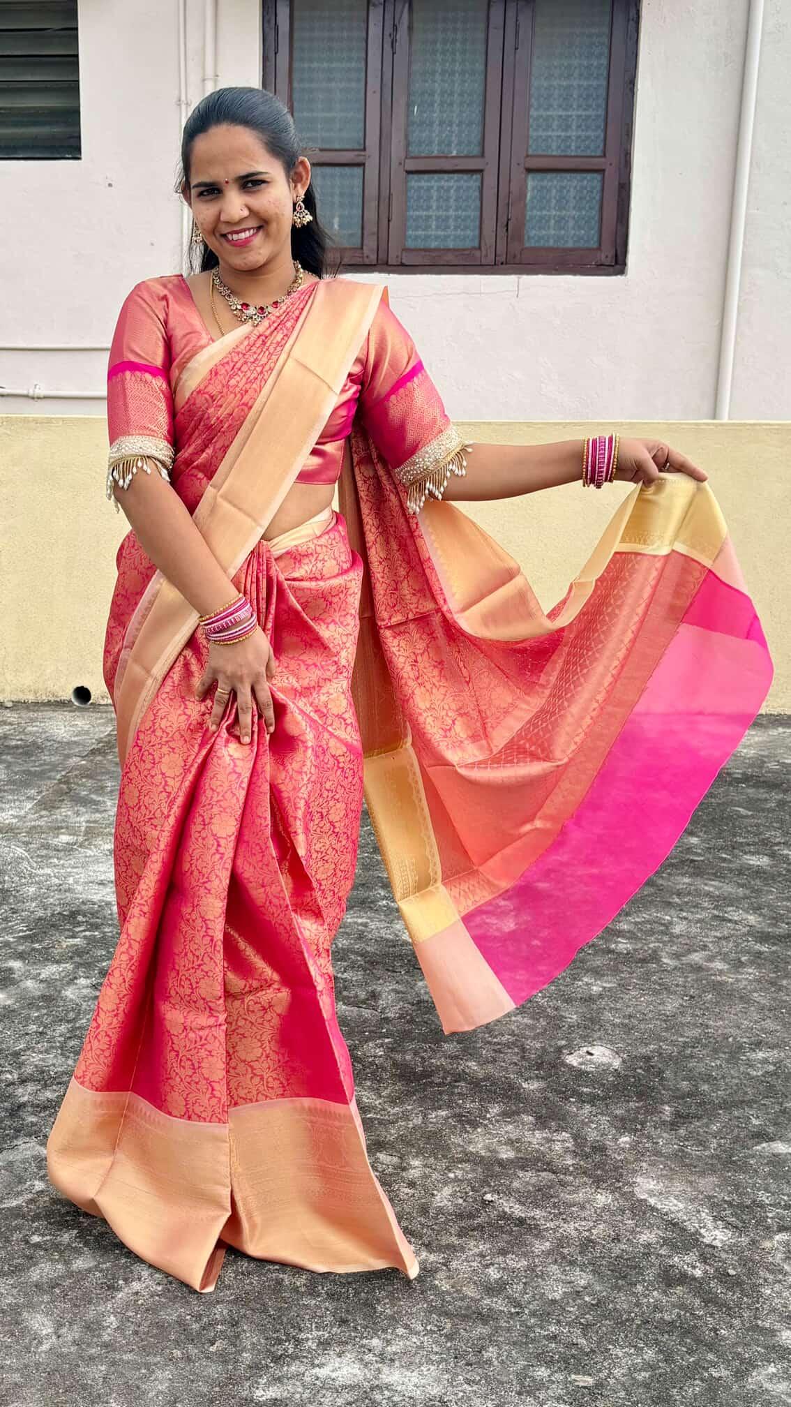 Banarasi Soft Katan Silk Saree with Tanchuy Zari Weaving, Fancy Contrast Border & Jacquard Blouse
