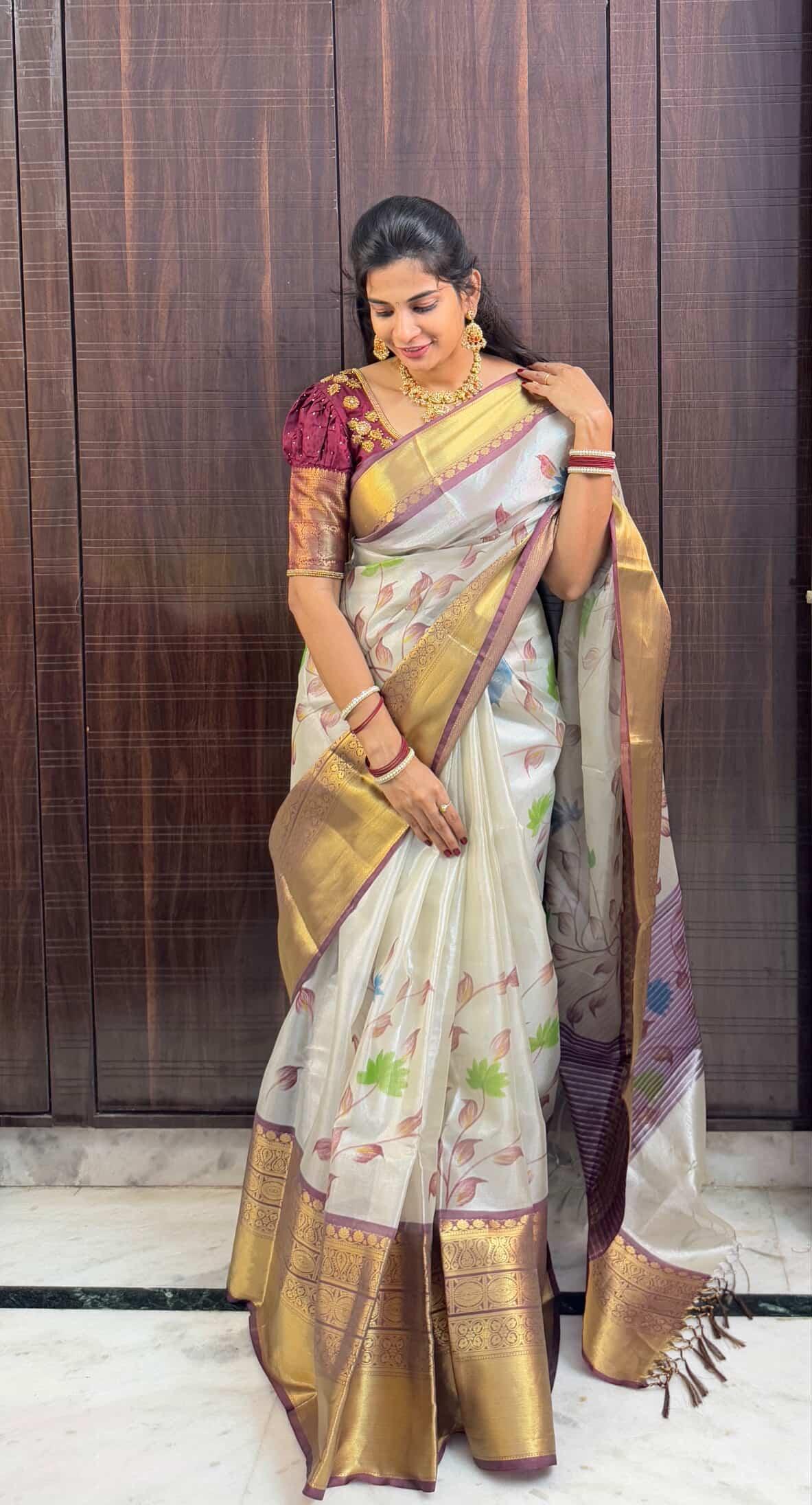 Soft Banarasi Tissue Silk Saree with Hand‑Painted Jaal & Contrast Kanchi Border – Festival Collection