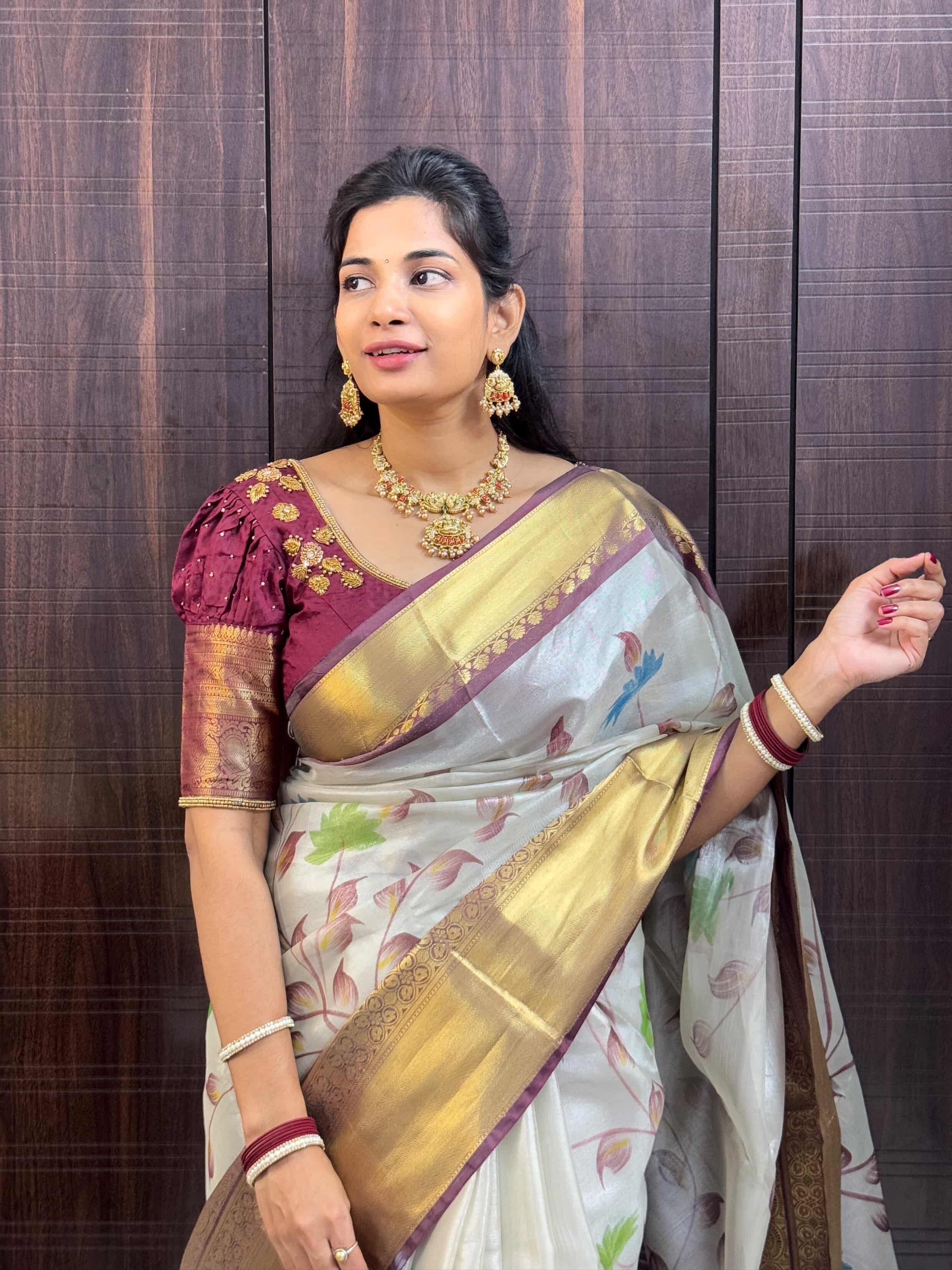 Soft Banarasi Tissue Silk Saree with Hand‑Painted Jaal & Contrast Kanchi Border – Festival Collection