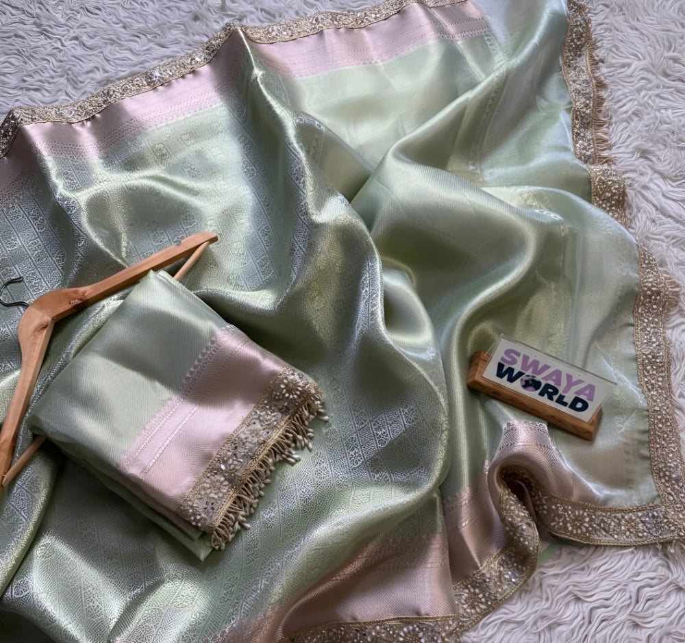 Celebrity-Inspired Banarasi Soft Tissue Saree with Waskat Weaving, Lace Work & Jacquard Contrast Blouse