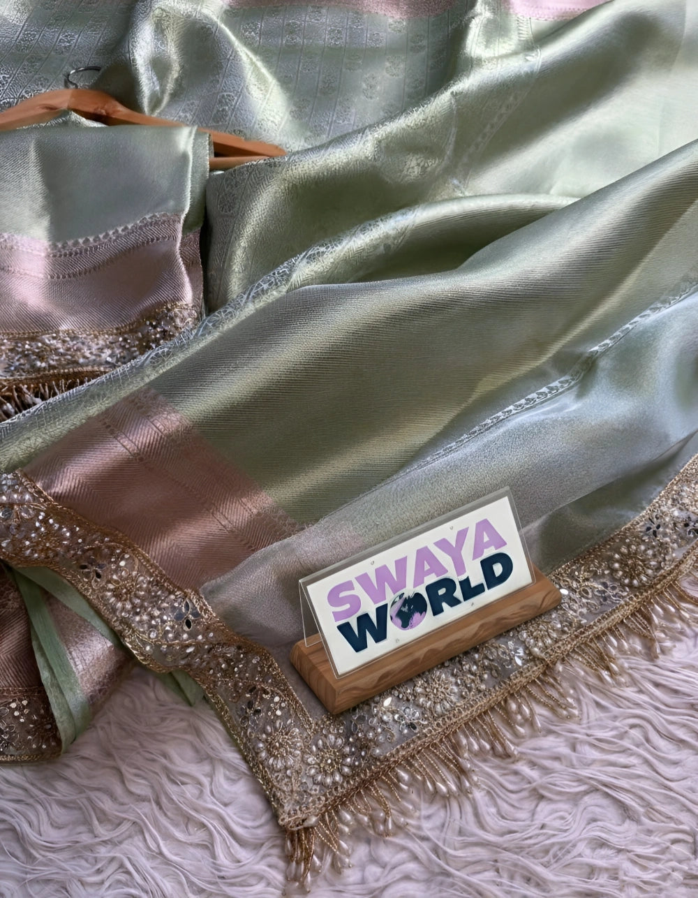 Celebrity-Inspired Banarasi Soft Tissue Saree with Waskat Weaving, Lace Work & Jacquard Contrast Blouse