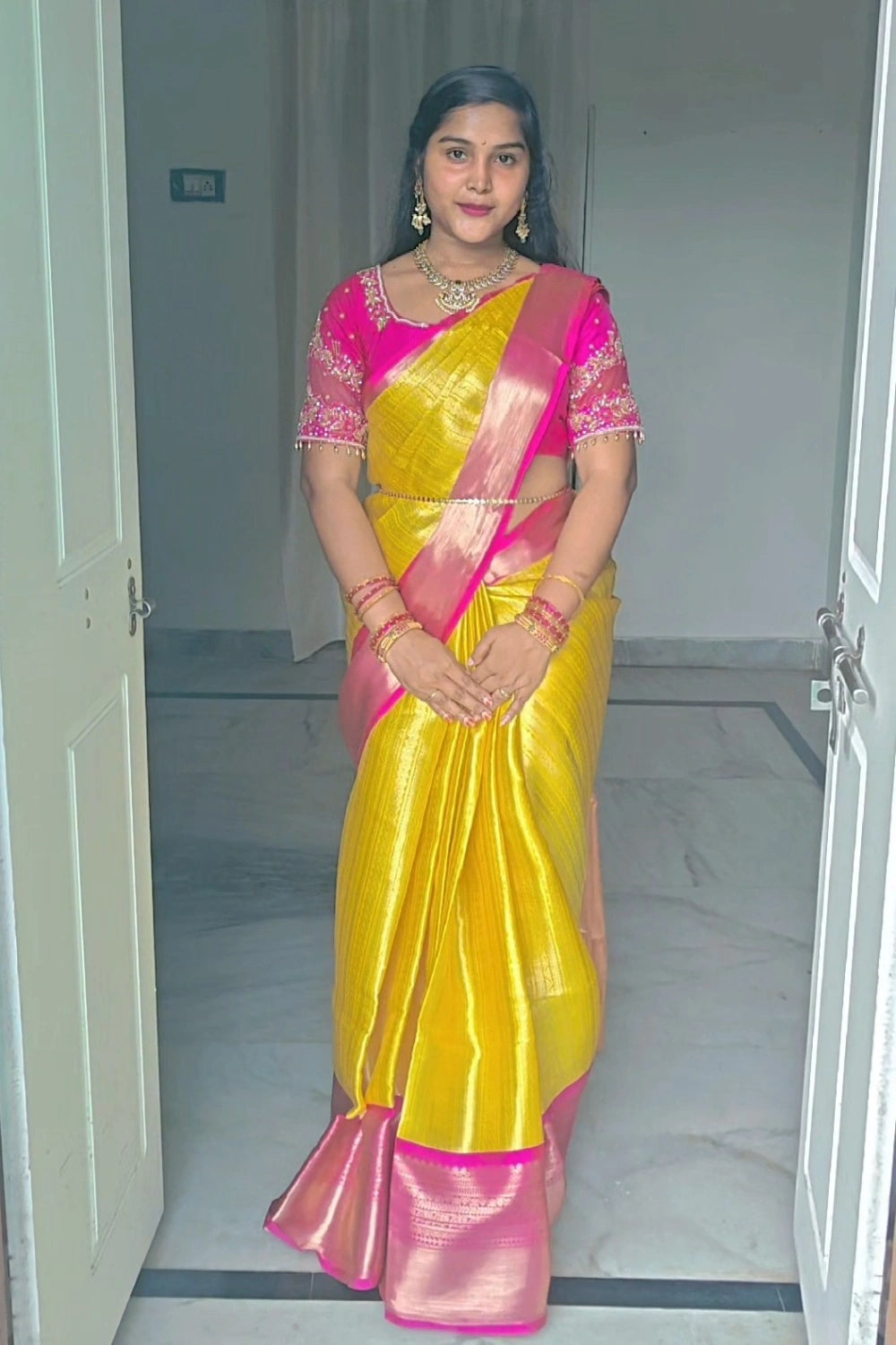 Pure Banarasi Semi Katan Soft Silk Saree in Yellow with Double Zari Weaving, Buta Design & Running Blouse – Premium New Arrival