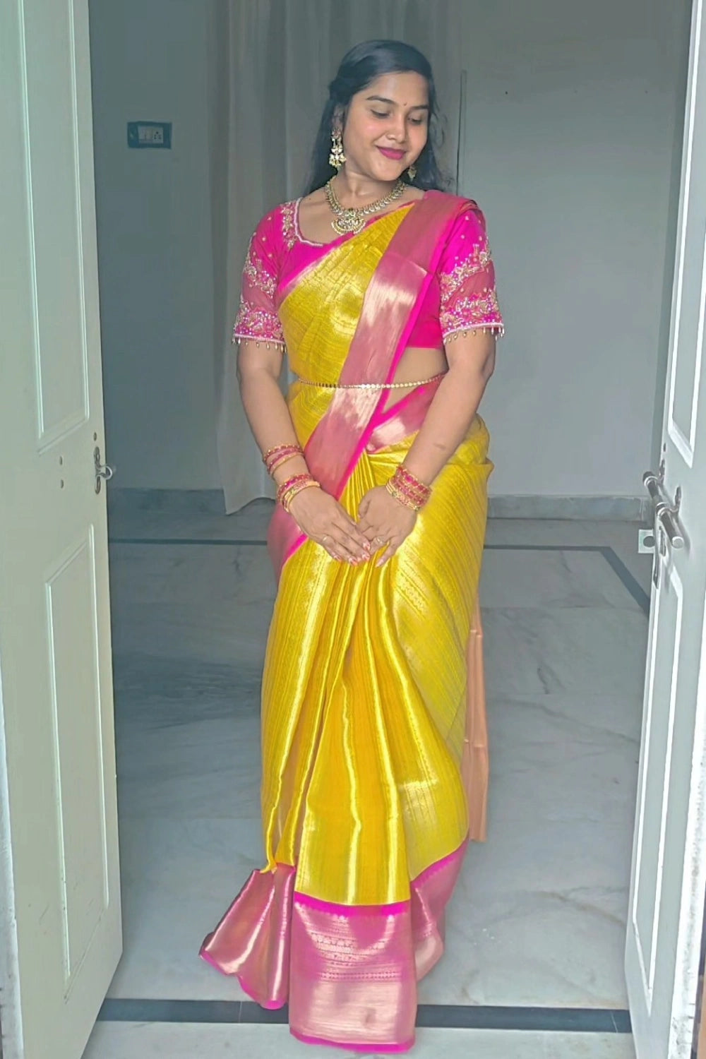 Pure Banarasi Semi Katan Soft Silk Saree in Yellow with Double Zari Weaving, Buta Design & Running Blouse – Premium New Arrival