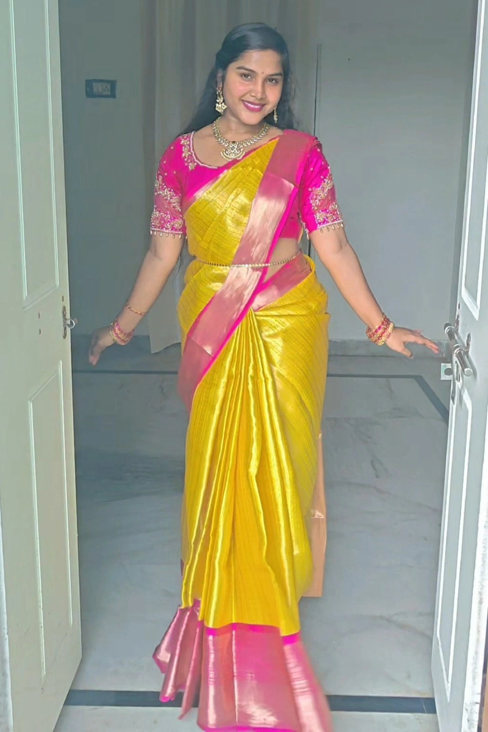 Pure Banarasi Semi Katan Soft Silk Saree in Yellow with Double Zari Weaving, Buta Design & Running Blouse – Premium New Arrival