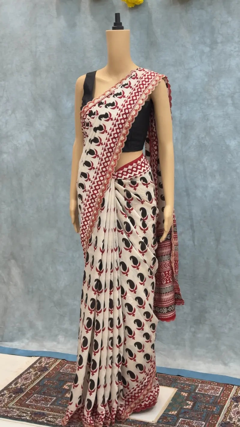 Premium Mul Mul Cotton Saree with Elegant Print, Rich Pallu & Scalloped Lace Border