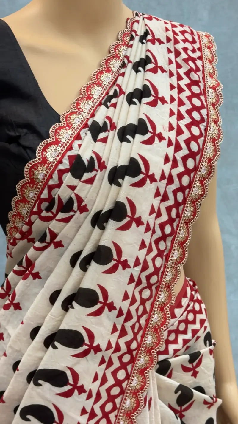 Premium Mul Mul Cotton Saree with Elegant Print, Rich Pallu & Scalloped Lace Border