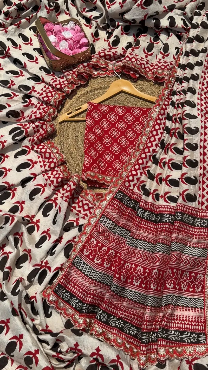 Premium Mul Mul Cotton Saree with Elegant Print, Rich Pallu & Scalloped Lace Border