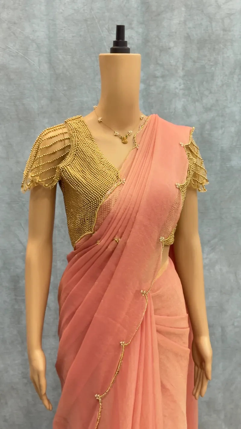 Exclusive Soft Space Georgette Silk Saree with Hand‑Pearl Work & Golden Stitched Blouse