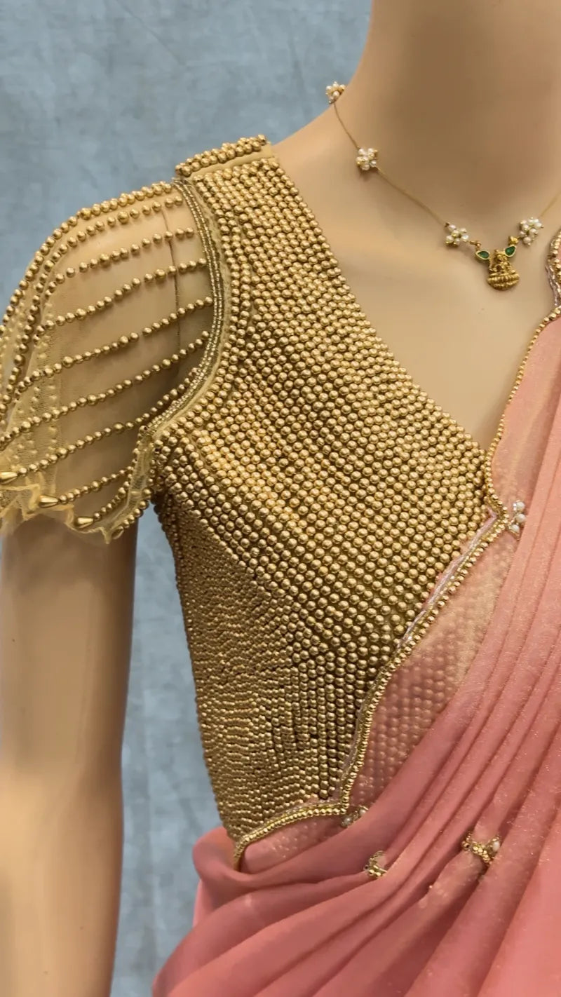 Exclusive Soft Space Georgette Silk Saree with Hand‑Pearl Work & Golden Stitched Blouse